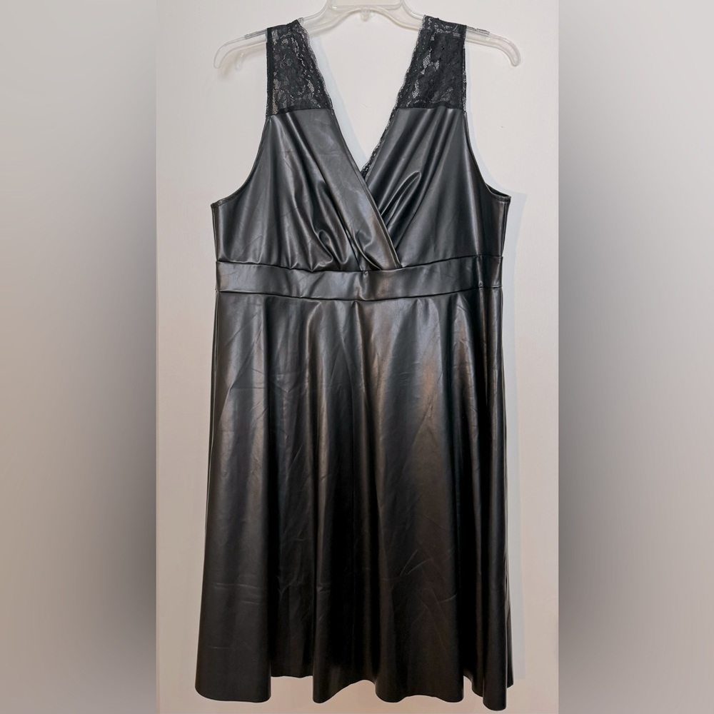 Shein Curve sleeveless black faux-leather surplice dress with lace trim, 2X